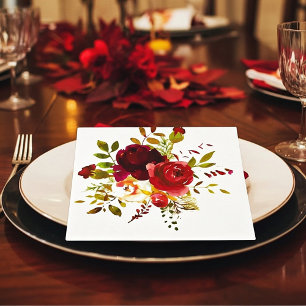 Serviette En Papier Roses aquarelles rouges et burgundy