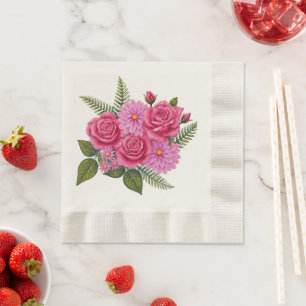 Serviette En Papier Roses avec Dahlias Pièce