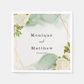 Serviette En Papier Roses blanches Aquarelle verte Mariage géométrique (Devant)