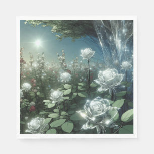 Serviette En Papier Roses Blanches Dans Le Jardin Magique