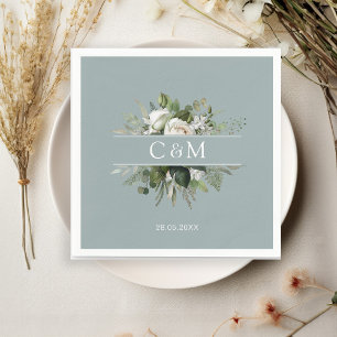 Serviette En Papier Roses blanches d'eucalyptus simples et élégantes
