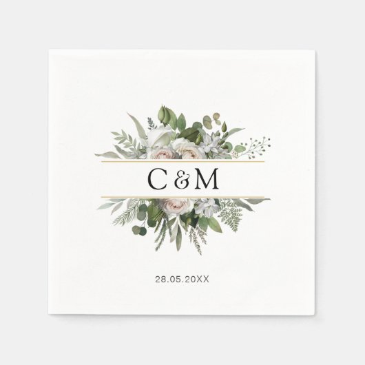 Serviette En Papier Roses blanches d'eucalyptus simples et élégantes (Devant)