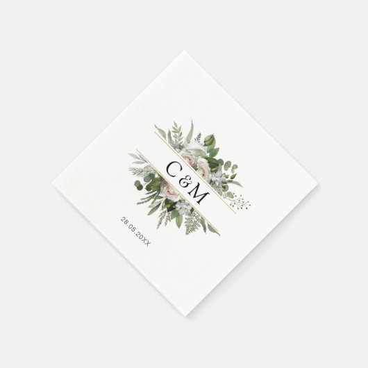 Serviette En Papier Roses blanches d'eucalyptus simples et élégantes (Coin)