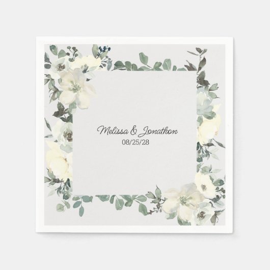 Serviette En Papier Roses blanches d'ivoire Floral Mariage romantique (Devant)