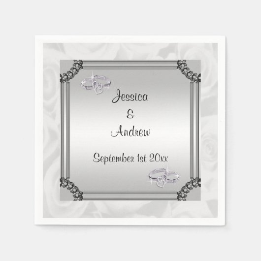 Serviette En Papier Roses blanches et anneaux de Mariage diamant (Devant)