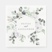 Serviette En Papier Roses blanches et mariage floral vert (Devant)