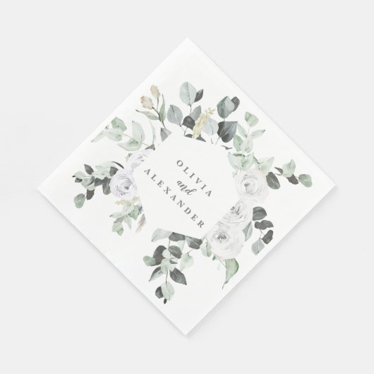 Serviette En Papier Roses blanches et mariage floral vert (Coin)