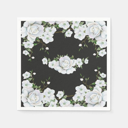 Serviette En Papier Roses blanches Floral & Charcoal Gris Fête des mar (Devant)