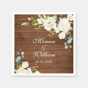 Serviette En Papier Roses blanches ivoire Verdure Bois rustique Mariag
