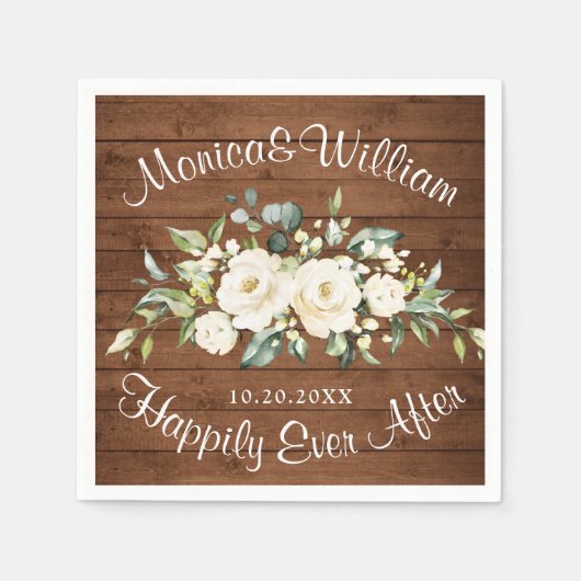 Serviette En Papier Roses blanches ivoire Verdure Bois rustique Mariag (Devant)