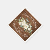 Serviette En Papier Roses blanches ivoire Verdure Bois rustique Mariag (Coin)