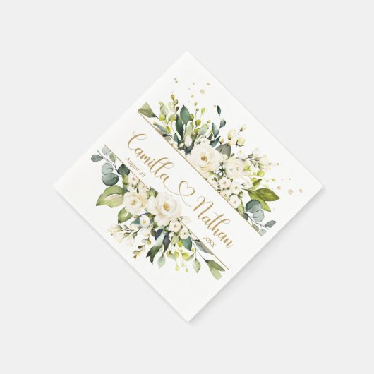 Serviette En Papier Roses blanches Mariage de feuillage vert (Coin)