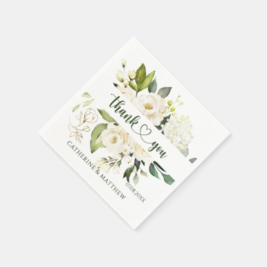 Serviette En Papier Roses blanches Merci vert (Coin)