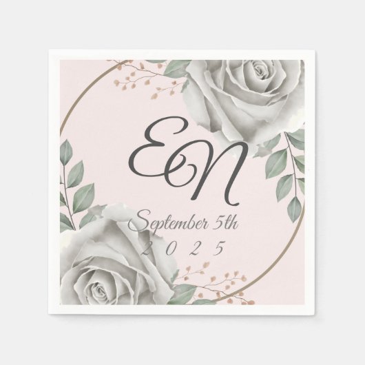 Serviette En Papier Roses blanches Monogramme rustique mariage (Devant)