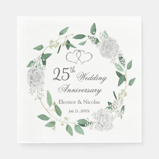 Serviette En Papier Roses blanches Verdure 25e anniversaire Mariage (Devant)