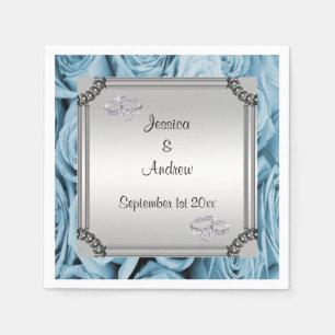 Serviette En Papier Roses Bleues & Anneaux de Mariage Diamants