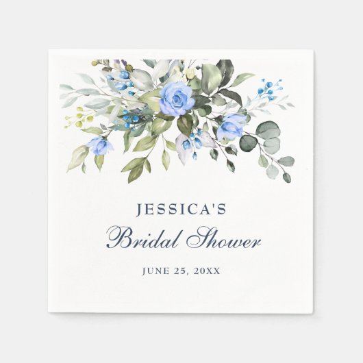 Serviette En Papier Roses Bleues d'Eucalyptus Élégant Fleurs Mariage (Devant)