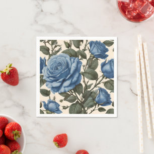 Serviette En Papier Roses Bleus Et Feuilles Verts,