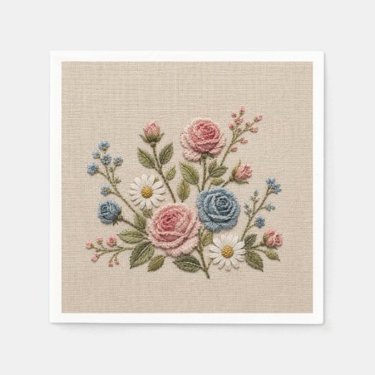 Serviette En Papier Roses Brodées Blush & Bleu (Devant)