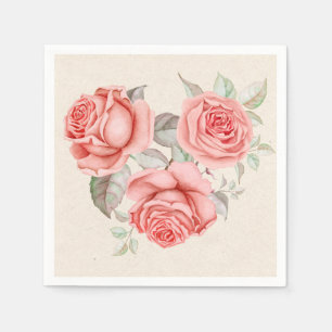 Serviette En Papier Roses Corail Pêche Vintage Feuillage Vert Mariage