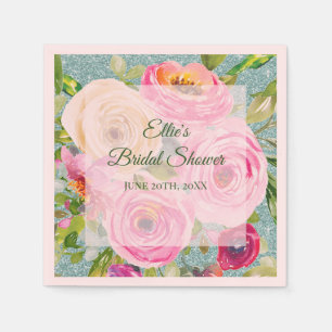 Serviette En Papier Roses d'aquarelle en Parties scintillant Aqua rose
