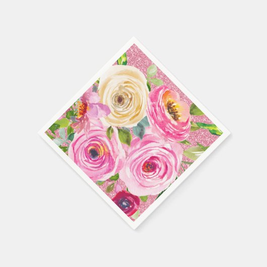 Serviette En Papier Roses d'aquarelle en Parties scintillant rose et c (Coin)