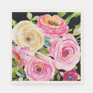 Serviette En Papier Roses d'aquarelle en rose et crème sur noir