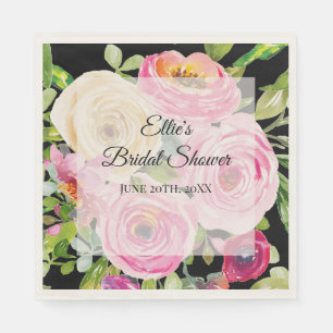 Serviette En Papier Roses d'aquarelle en rose et crème sur noir