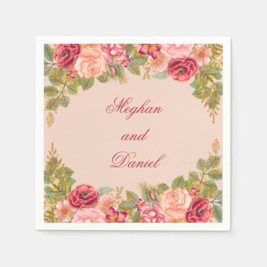 Serviette En Papier Roses d'aquarelle et Mariage de Parties scintillan (Devant)