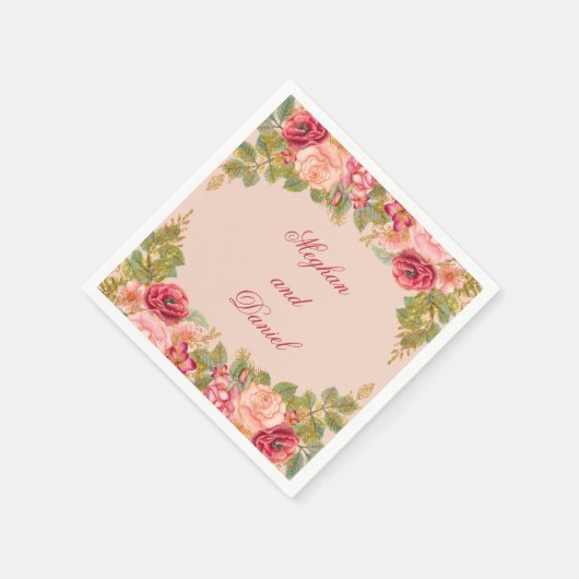 Serviette En Papier Roses d'aquarelle et Mariage de Parties scintillan (Coin)