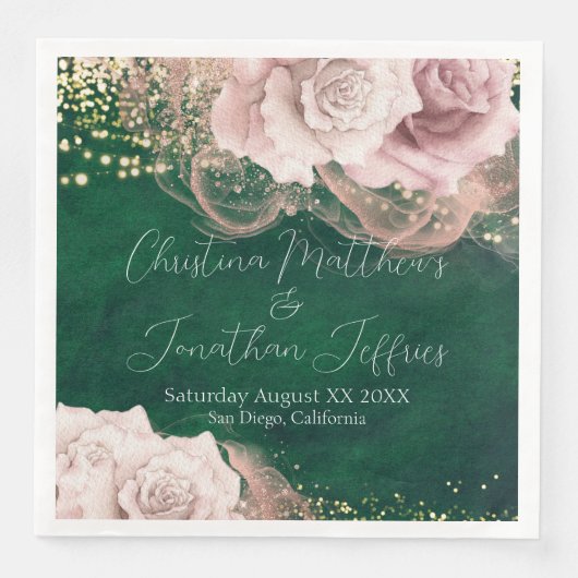 Serviette En Papier Roses d'aquarelle romantique sur Mariage vert émer (Devant)