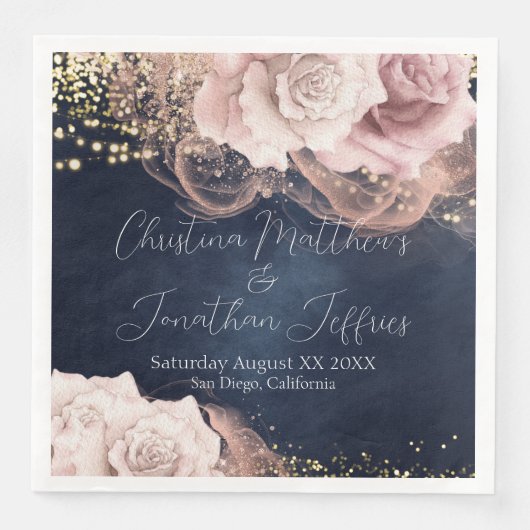 Serviette En Papier Roses d'aquarelle romantique sur Moody Blue Mariag (Devant)