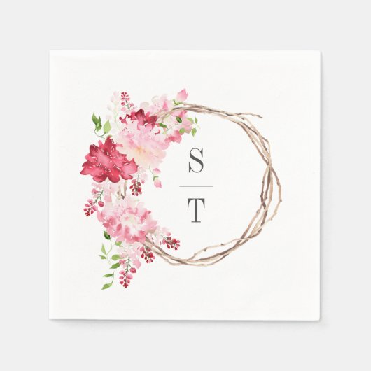 Serviette En Papier Roses d'aquarelle rose rouge Monogramme Mariage de (Devant)