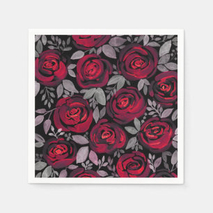Serviette En Papier Roses d'aquarelle, roses rouges sur noir