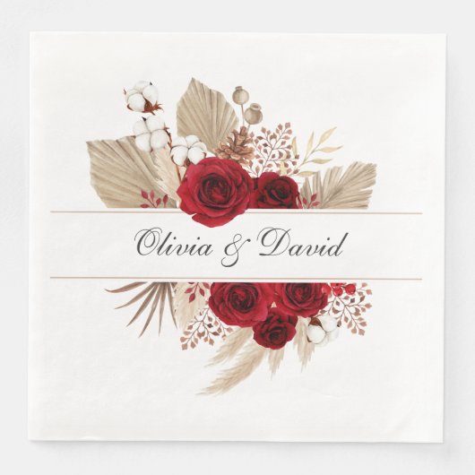Serviette En Papier Roses de Bourgogne et Pampas Mariage en herbe (Devant)