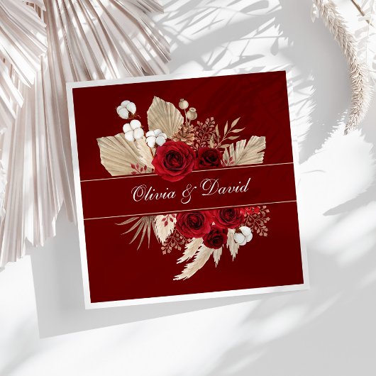 Serviette En Papier Roses de Bourgogne et Pampas Mariage en herbe