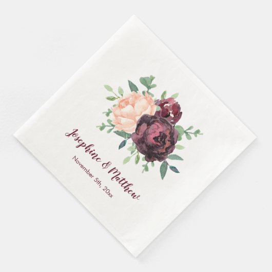 Serviette En Papier Roses de Bourgogne Pêcher Peony Bouquet Mariage (Coin)