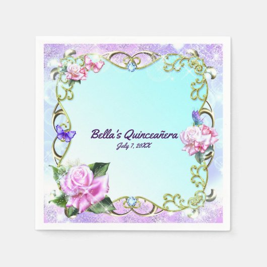 Serviette En Papier Roses et papillons Quinceañera fête d'anniversaire (Devant)