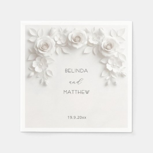 Serviette En Papier Roses Florales 3D Blanches | Mariage (Devant)