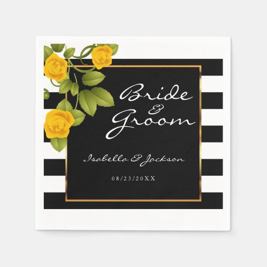 Serviette En Papier Roses jaunes sur bandes noires et blanches (Devant)