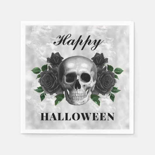Serviette En Papier Roses noirs gothiques et crâne heureux Halloween (Devant)
