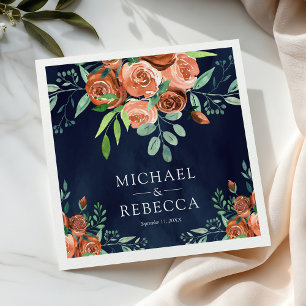 Serviette En Papier Roses orange brûlé Terracotta Floral Navy Mariage