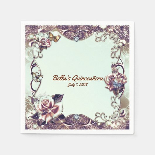 Serviette En Papier Roses & Papillons Bronze Quinceañera Party (Devant)
