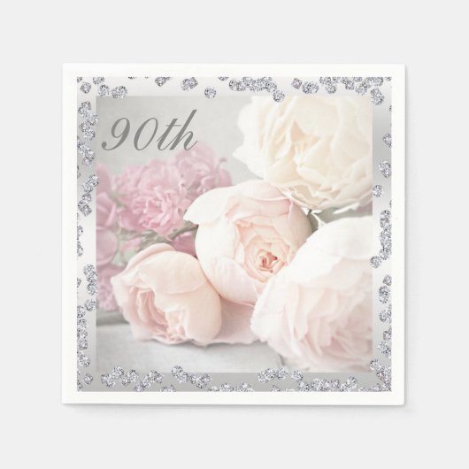 Serviette En Papier Roses romantiques et diamants 90e anniversaire Ser (Devant)