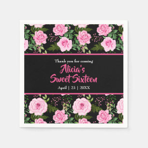 Serviette En Papier Roses Rose Élégantes Sur Sweet sixteen Noir Modern