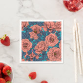 Serviette En Papier Roses roses avec feuilles bleus sur bleu (En situation)