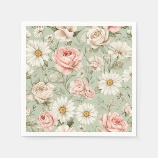 Serviette En Papier Roses roses blancs fleurs  (Devant)