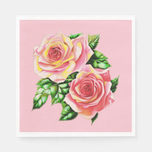 Serviette En Papier Roses roses corail rose avec Feuilles verts Jade