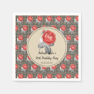 Serviette En Papier Roses roses et motif pied-de-poule Fête d'annivers