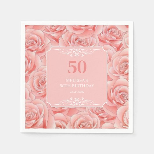 Serviette En Papier Roses roses rose Fleur Floral 50 Anniversaire (Devant)